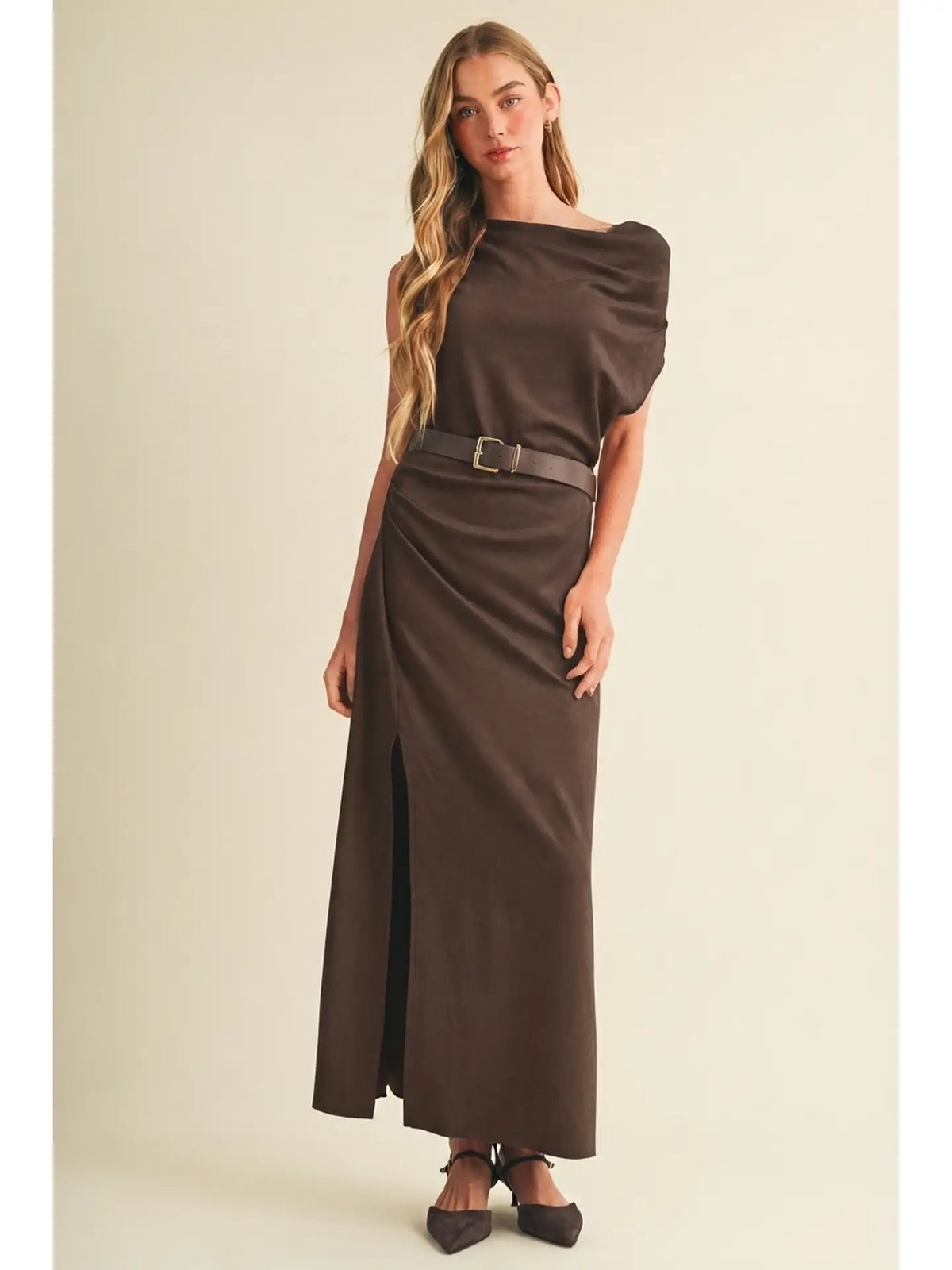 Sueded Knit Asymmetric Cowl Dress